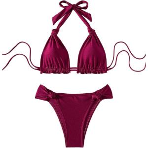 imageWomens 2 Piece Knot Swimsuit Backless Halter String Bikini Bathing Suit Vacation Cruise OutfitBurgundy