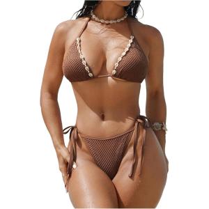 imageWomens 2 Piece Shell String Bikini Sets Backless Tie Side Triangle Swimsuit Boho Bathing SuitCoffee Brown