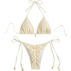 imageWomens 2 Piece String Bikini Sets Backless Halter Wireless Bathing Suit Tie Side Ruched SwimsuitApricot
