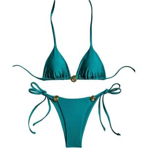 imageWomens 2 Piece String Bikini Sets Metal Applique Triangle Halter Bathing Suit Beach SwimwearTeal Blue