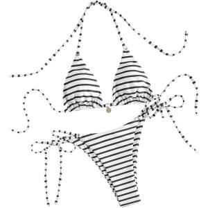 imageWomens 2 Piece Striped Bathing Suit Halter Triangle Tie Side Bikini Sets Vacation Summer SwimsuitBlack White