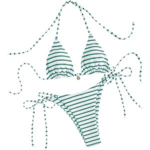 imageWomens 2 Piece Striped Bathing Suit Halter Triangle Tie Side Bikini Sets Vacation Summer SwimsuitGreen White