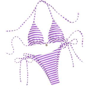 imageWomens 2 Piece Striped Bathing Suit Halter Triangle Tie Side Bikini Sets Vacation Summer SwimsuitPurple White