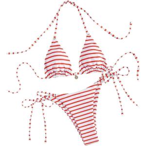 imageWomens 2 Piece Striped Bathing Suit Halter Triangle Tie Side Bikini Sets Vacation Summer SwimsuitRed White