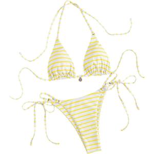 imageWomens 2 Piece Striped Bathing Suit Halter Triangle Tie Side Bikini Sets Vacation Summer SwimsuitYellow
