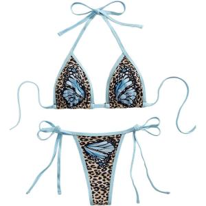 imageWomens 2 Piece Striped Floral Bikini Set Halter Triangle Swimsuit Tie Side Swimsuit BeachwearBlue and Brown