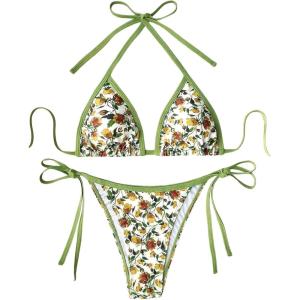 imageWomens 2 Piece Striped Floral Bikini Set Halter Triangle Swimsuit Tie Side Swimsuit BeachwearGreen