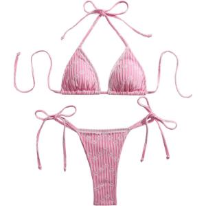 imageWomens 2 Piece Striped Floral Bikini Set Halter Triangle Swimsuit Tie Side Swimsuit BeachwearPink