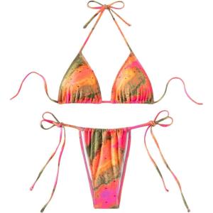 imageWomens 2 Piece Tie Dye Rhinestone Bikini Sets Halter Triangle Boho Bathing Suit Padded SwimsuitOrange