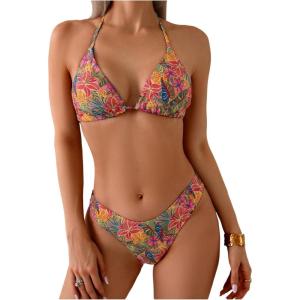 imageWomens 2 Piece Tropical High Cut Bikini Sets Tie Back Triangle Bathing Suit Boho SwimwearMulticolor