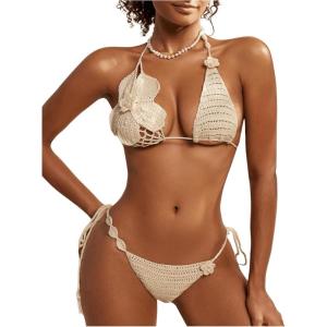 imageWomens 2 Pieces Bikini Set 3D Floral Crochet Knit Halter Bathing Suit SwimwearApricot