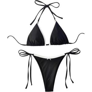 imageWomens 2 Pieces Bikini Set Bow Knot Halter Swimwear Tie Side Swimsuit BeachwearBlack