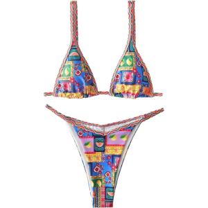 imageWomens 2 Pieces Bikini Set Graphic Backless Swimsuit Bow Tie Triangle BeachwearMulticolor