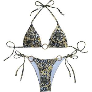 imageWomens 2 Pieces Bikini Set Graphic Halter Swimsuit Tie Side Swimwear Backless BeachwearMulticolor