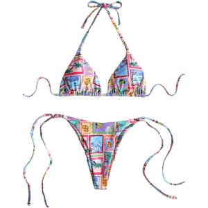 imageWomens 2 Pieces Bikini Set Graphic Halter Triangle Swimsuit Tie Side SwimwearMulticolor