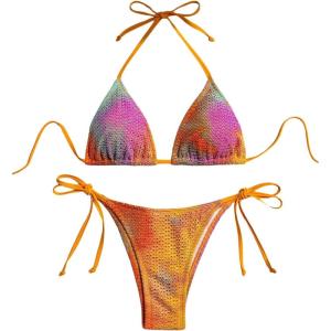 imageWomens 2 Pieces Bikini Set Tie Dye Halter Triangle Swimsuit Tie Side Swimwear BeachwearMulticolor