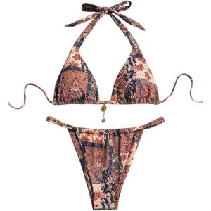 imageWomens 2 Pieces Underwear Set Floral Halter Triangle Swimsuit Graphic Bikini Set Boho BeachwearMulticolor