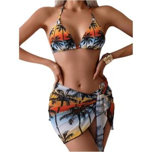 imageWomens 3 Piece Boho Tropical Bikini Set Tie Dye Halter Triangle Swimsuit with Cover Up SarongMulticolor