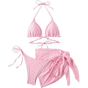 imageWomens 3 Piece Floral Crisscross String Bikini Sets Halter Padded Bathing Suit with Cover Up SkirtPink