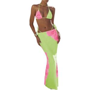 imageWomens 3 Piece Floral Swimsuit Halter Triangle String Bikini with Bodycon Beach Skirts Cover UpGreen Pink