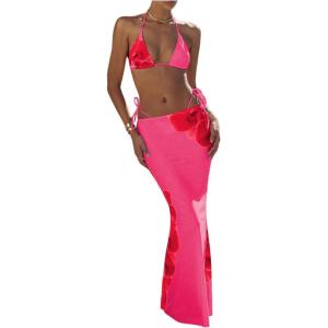 imageWomens 3 Piece Floral Swimsuit Halter Triangle String Bikini with Bodycon Beach Skirts Cover UpHot Pink