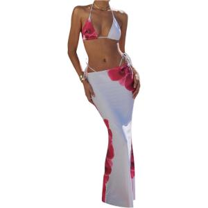 imageWomens 3 Piece Floral Swimsuit Halter Triangle String Bikini with Bodycon Beach Skirts Cover UpWhite