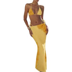 imageWomens 3 Piece Floral Swimsuit Halter Triangle String Bikini with Bodycon Beach Skirts Cover UpYellow