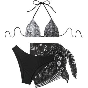 imageWomens 3 Piece Paisley Bathing Suit Halter Triangle Tropical Swimsuit with Mesh Cover Up SkirtBlack