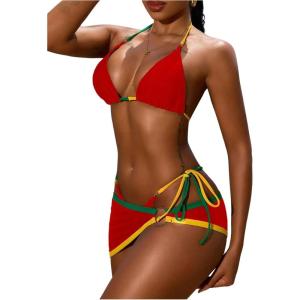 imageWomens 3 Piece Swimsuit Color Block String Bikini Sets Halter Triangle Bathing Suit Swimwear with Cover Up SkirtRed