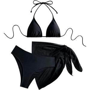 imageWomens 3 Piece Swimsuit Halter Tie Back Triangle String Bikini Set with Cover Up SkirtBlack