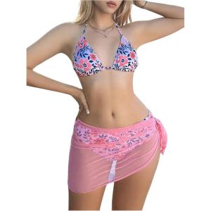 imageWomens 3 Piece Triangle Bikini Set Floral Boho Halter Swimsuit Bathing Suit with Cover Up SkirtPink
