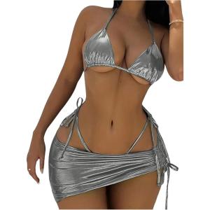 imageWomens 3 Pieces Swimsuit Set Halter High Cut Bikini with Drawstring Beach Skirts Cover UpSilver