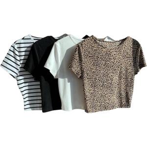 imageWomens 4 Pack Leopard Print Striped T Shirt Crewneck Short Sleeve Summer Crop TopMulticolor