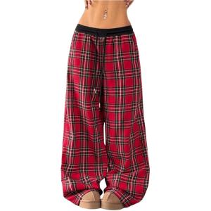imageWomens Baggy Tartan Plaid Print Pants Wide Leg Drawstring Waist Long Trousers StreetwearRed