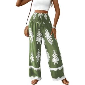 imageWomens Boho Graphic Wide Leg Pants Drawstring High Waisted Vacation Shirred TrousersGreen