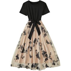 imageWomens Butterfly Mesh Bow Knot A Line Dress Short Sleeve Crewneck Summer Pleated Midi DressesBlack