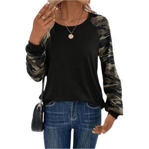 imageWomens Camo Print Long Sleeve Tee Tops Casual Crewneck Tees Shirts Casual Fall T ShirtBlack