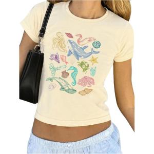 imageWomens Cartoon Graphic Tees Short Sleeve Crewneck Cute Crop Tops Summer T Shirts TrendyApricot