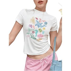 imageWomens Cartoon Graphic Tees Short Sleeve Crewneck Cute Crop Tops Summer T Shirts TrendyWhite
