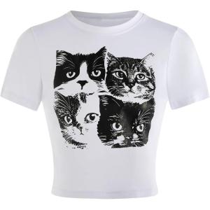 imageWomens Cherry Leopard T Shirts Crew Neck Short Sleeve Graphic Tees Slim Fit Crop TopsAnimal Print White