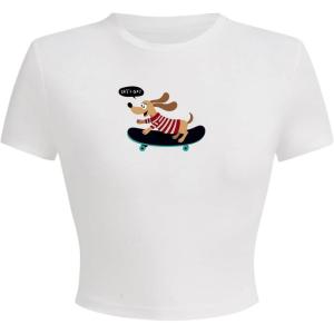 imageWomens Cherry Leopard T Shirts Crew Neck Short Sleeve Graphic Tees Slim Fit Crop TopsAnimal White
