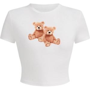 imageWomens Cherry Leopard T Shirts Crew Neck Short Sleeve Graphic Tees Slim Fit Crop TopsBear White