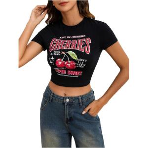 imageWomens Cherry Leopard T Shirts Crew Neck Short Sleeve Graphic Tees Slim Fit Crop TopsBlack and Red Cherry