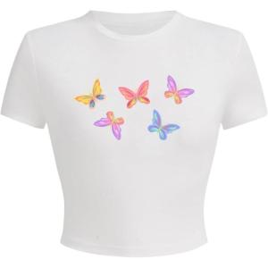 imageWomens Cherry Leopard T Shirts Crew Neck Short Sleeve Graphic Tees Slim Fit Crop TopsButterfly White