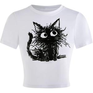 imageWomens Cherry Leopard T Shirts Crew Neck Short Sleeve Graphic Tees Slim Fit Crop TopsCat White