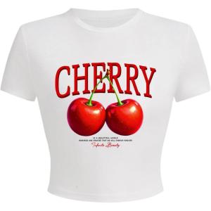 imageWomens Cherry Leopard T Shirts Crew Neck Short Sleeve Graphic Tees Slim Fit Crop TopsCherry White