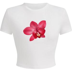 imageWomens Cherry Leopard T Shirts Crew Neck Short Sleeve Graphic Tees Slim Fit Crop TopsFloral White
