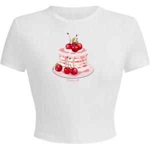imageWomens Cherry Leopard T Shirts Crew Neck Short Sleeve Graphic Tees Slim Fit Crop TopsWhite Graphic
