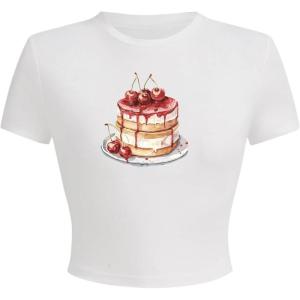 imageWomens Cherry Leopard T Shirts Crew Neck Short Sleeve Graphic Tees Slim Fit Crop TopsWhite Patterned