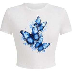 imageWomens Cherry Leopard T Shirts Crew Neck Short Sleeve Graphic Tees Slim Fit Crop TopsWhite and Blue
